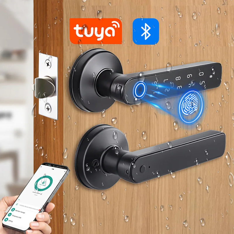 Q50 tuya bluetooth inteligente impressão digital maçaneta da porta fechadura senha eletrônica/cartão rfid/chaves/app desbloqueio remoto bloqueio do hotel à prova de chuva