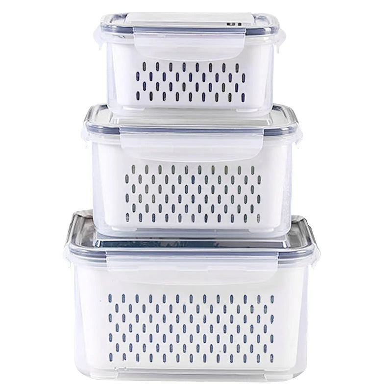 Conjunto de recipiente de armazenamento de alimentos para geladeira, 3 pacotes com tampas com filtro, caixas de armazenamento de cozinha, organizador de frutas e vegetais